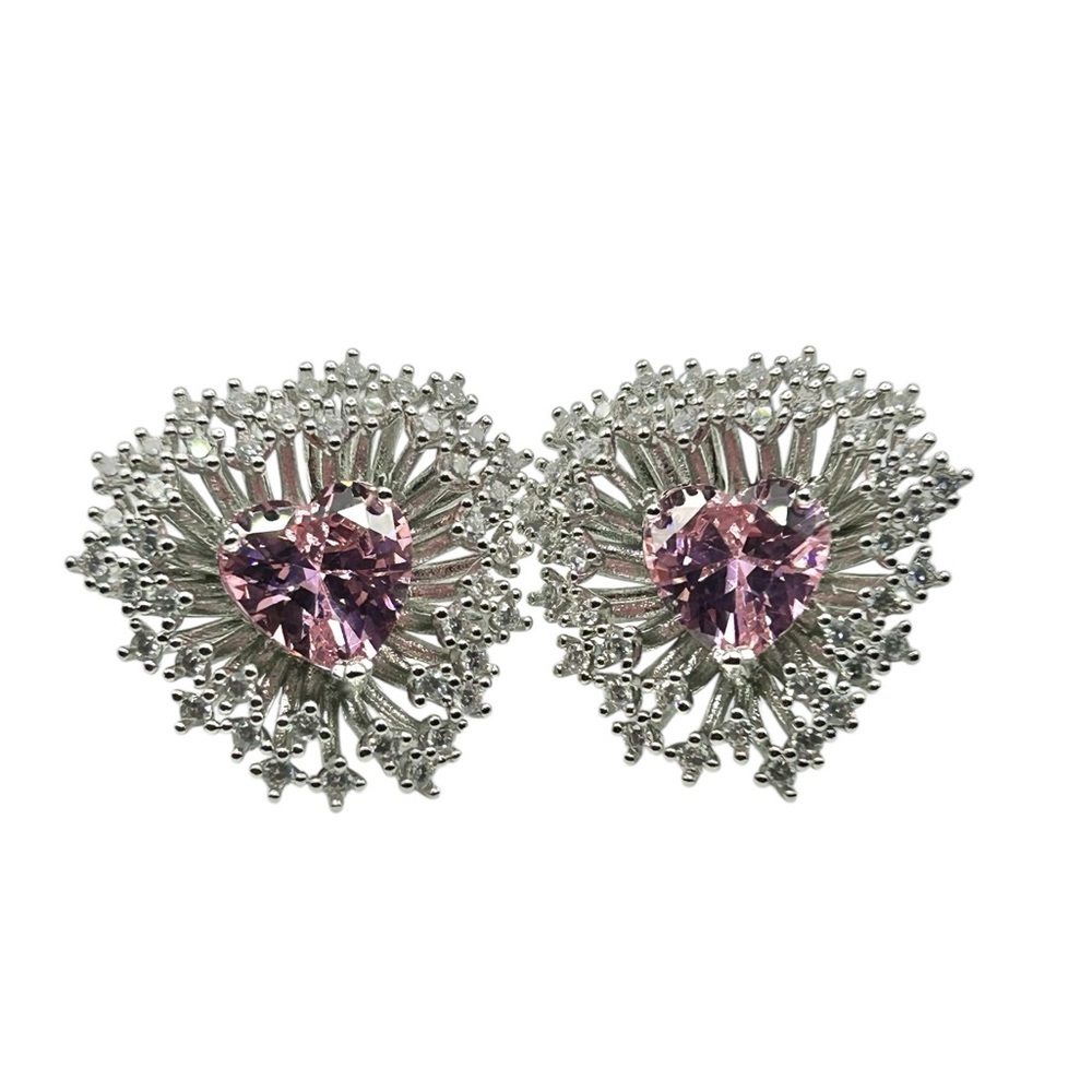 Silver & Pink Heart Floral Statement Stud Earrings White Gold Rhodium Zircon